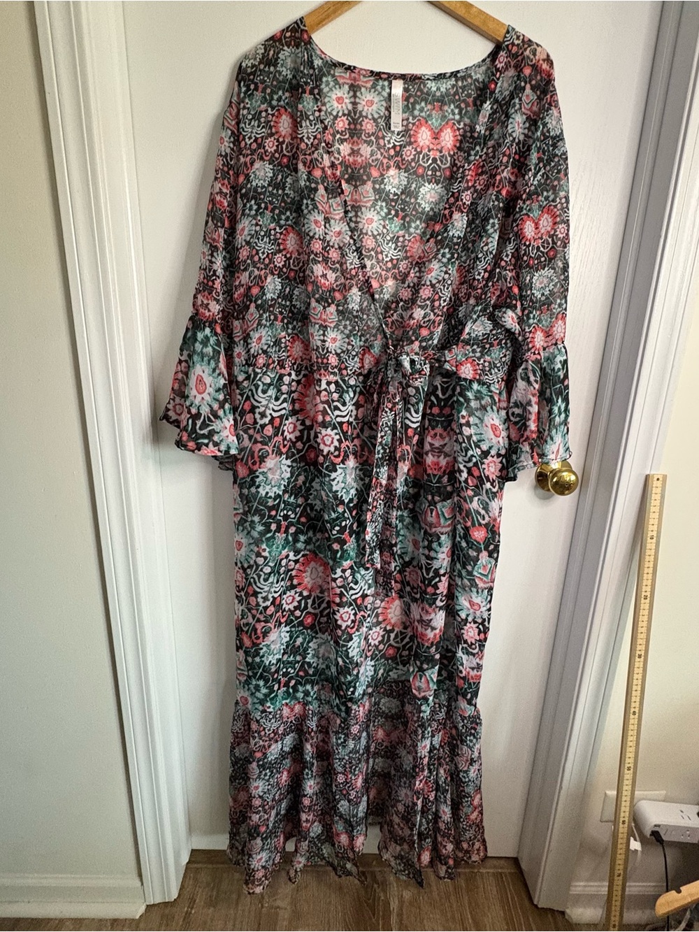 Cacique Plus Sz 22/24 Floral Chiffon Wrap-Around Maxi Cover-Up Ruffle 3/4 Bell